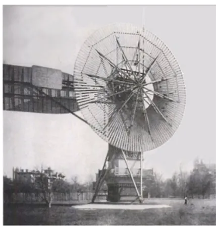 Figure 1. Charles F. Brush's 60 foot, 80 000 pound turbine in 1888. Adapted from &#34;Wind Energy in  America: A History&#34;, by: Robert W