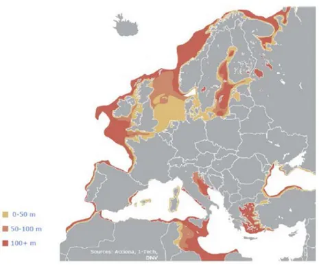 Figure 3. Sea depth around Europe. Adapted from: &#34;Floating wind technology: future development&#34;,  by: Johan Slätte, 2014, DNV GL