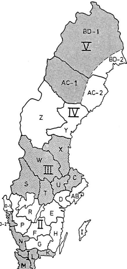 Figur 8. Indelning av Sverige i zoner med hänsyn till tjällossningen.