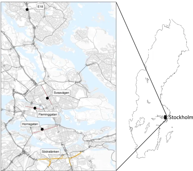 Figure 3. Streets and measurement sites used for investigations in NorDust in Stockholm, Sweden