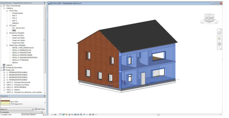 Figur 4. En 3D-vy av byggnaden, det markerade området är ytterväggen. (Autodesk Revit, 2015)  Vid uppbyggnad av modellen går det att ställa in vilken sorts material som ska ingå i  mo-dellen