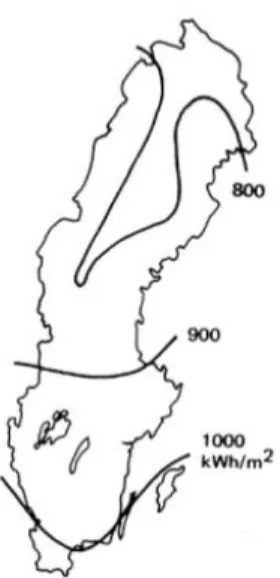 Figur 5 - Årlig solinstrålning mot en  horisontal yta i Sverige (Öman, 2014) 