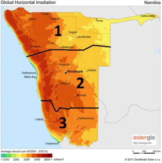 Figure 9 Global horizontal irradiation divided into three zones, SolarGIS © 2016 GeoModel Solar