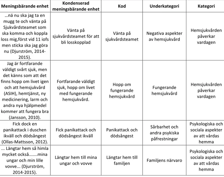 Tabell 1: Exempel på analysprocessen. 