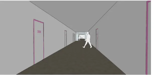 Figur 25 Exempel på hur korridorerna kan se ut när salarnas namn förtydligas och dörrkarmarna får en  gemensam färg