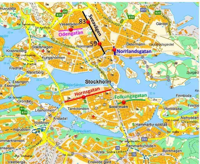 Figur 6. Gatorna och mätplatserna för luftkvalitet och vägdammsundersökningar (röda ringar) i  centrala Stockholm som ingår i studien under 2013-2014
