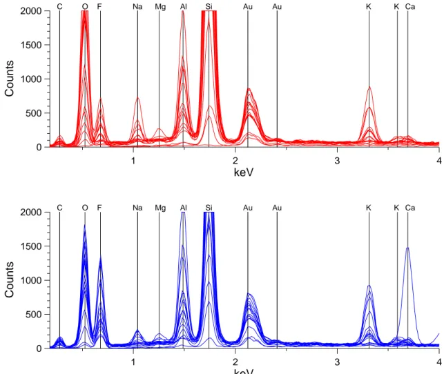 Figur 10  Analyserade spektra från Dalby med gummi (röd) och Dalby utan gummi  (blå). 