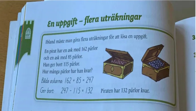 Figur 3: Den introducerande sidan En uppgift-flera uträkningar till kapitlet Addition  och subtraktion, s 42 i Matte direkt borgen 4b