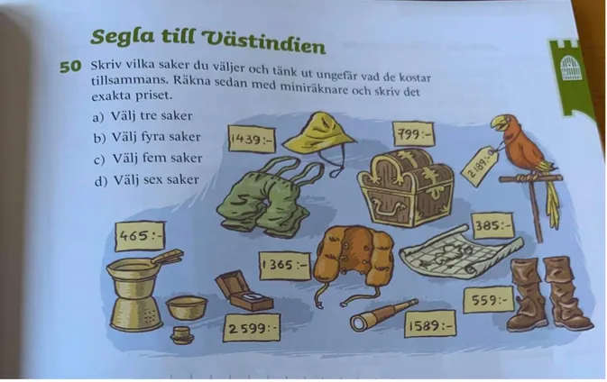 Figur 4: Den introducerande sidan Segla till Västindien till kapitlet Addition och  subtraktion, s 45 i Matte direkt borgen 4b