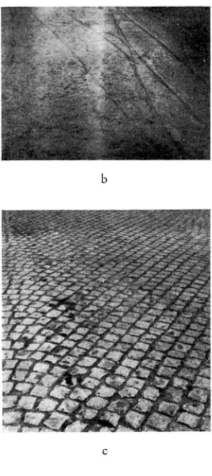 Fig.  1.  N on  bituminous  pavem ents,  a)  cement  concrete,  b)  bicycle  tracks,  more  than  20  years  old,  in  cement  concrete  pavem ent,  c)  sett  pavem ent,  d)  and  e)  Tw o  types  o f  brick  pavements.