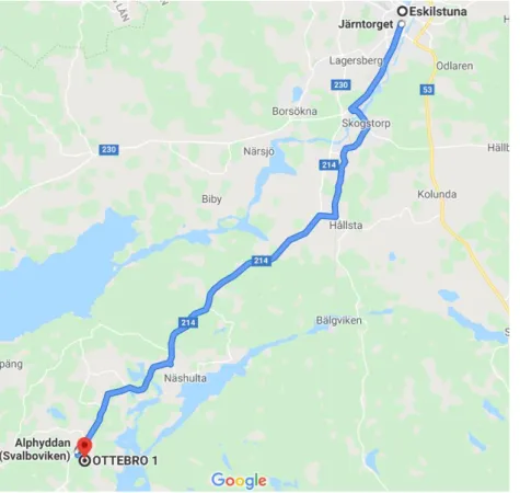 Figur 4. Karta tagen från Google Maps, Västra Näshulta 643 97 Ottebro by, vägbeskrivning av kollektivtrafiken  från Otterbo by till Eskilstuna (2020)