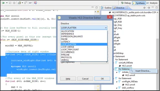 Figure 2.6: Vivado HLS Directive GUI. The list to the right shows they key parts of the code, such as for loops or the variables of the function header