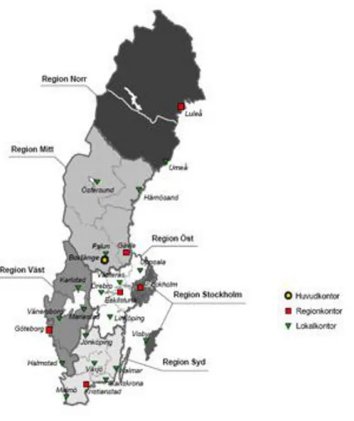 Figur 1. Karta över Trafikverkets regionsuppdelning  (Trafikverket 2012).
