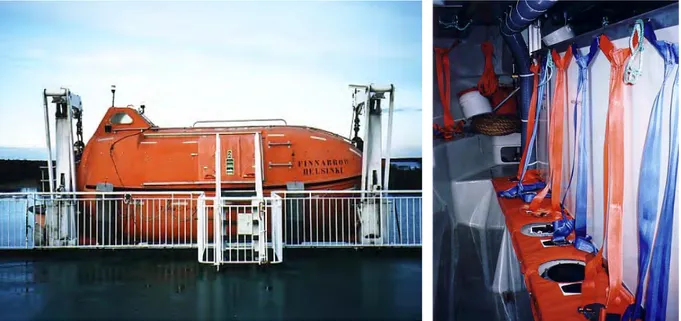 Figure 4.3 and 4.4 The totally enclosed Norsafe on M/S Finnarrow. Note the seat belt  arrangement
