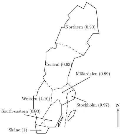 Figure 3: The regions of the Swedish Road Administration. The pavement lifetime index is shown within parentheses.