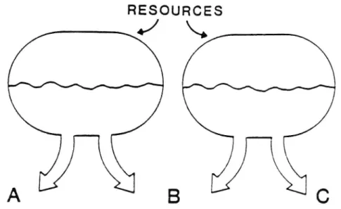 Figur 3.: En simpel illustration af en multipel resourcemodel (efter Wickens, 1987). Modellen viser at opgaverne A og C  be-handles parallelt af forskellige subsystemer medens opgave B gor krav på resourcer fra begge subsystemer.