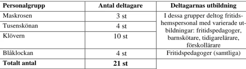 Tabell 3. Översikt personalgrupper och antal deltagare delstudie 1. 