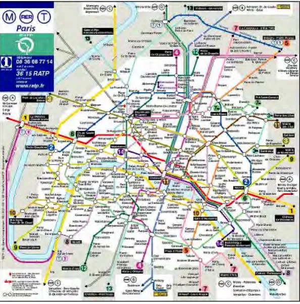 Figur 2-1 Paris linjenät för metro och förortståg (RER). Källa: www.ratp.fr.