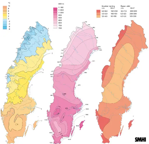 Figur 9. Visar Sveriges klimat med årsmedeltemperatur, globalstrålning och  vindförhållanden 40 