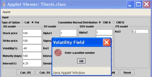 Figure 3.7 Window informing about a wrong entry for the ‘Volatility’ 