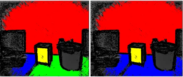 Figure 11: Visualization of the merging of validated planes. The two planes that are detected on the two adjacent tables are merged into one.