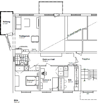 Figur 7. Undersökta lägenhetens befintliga planlösning.