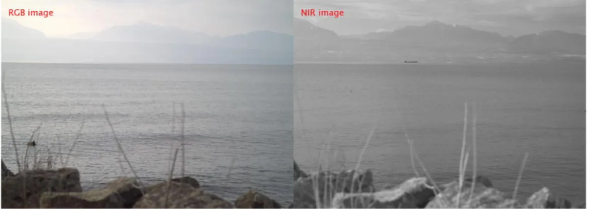 Figure 3: Image set 0016. The second image pair is similar to the rst one in the sense that in the VIS image the background is obscured by haze
