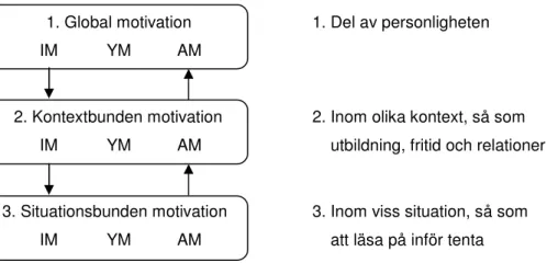 Figur  1.  Förenklad  version  av  den  hierarkiska  modellen  för  inre  motivation (IM), yttre motivation (YM) och amotivation (AM) (Vallerand 
