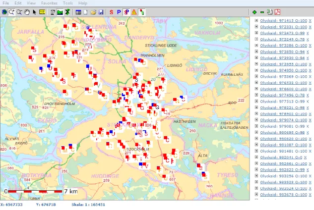 Figure 6. A selection of matched police and hospital reports on motor vehicle accidents  in the Stockholm region (figure captured from STRADA web client 11 November 2013)