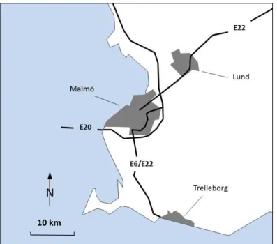 Figure 1 Skåne locations of Lund and Trelleborg in relation to Malmö. 