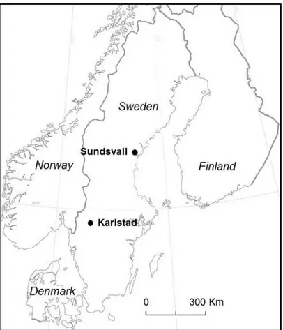 Figure 1. Location of Sundsvall and Karlstad. 