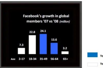 Figure 3: Facebook’s growth in global members at year 2007 vs. 2008  (www.checkfacebook.com, 2010) 
