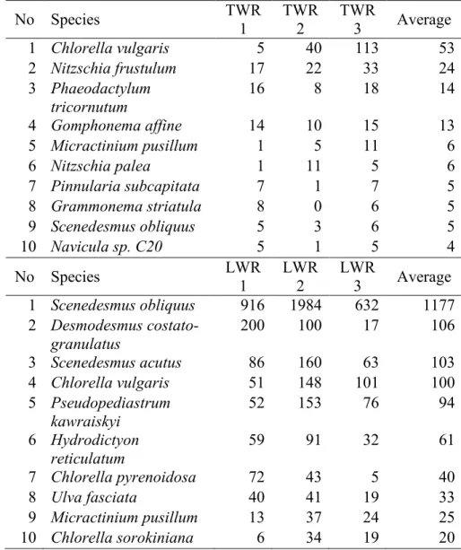 Table 1. The ten most abundant algae species (by average number of hits  in the metagenome) in the tap water reactors (TWR1-3) and lake water  reactors (LWR1-3) based on the rRNA reads annotated using the SILVA SSU  database of bacteria