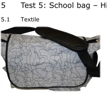 Table 20: School bag – high school – total  content of textile  Content  Weight [kg]  Pencil case  0,030     Rubber  0,014     Roller  0,012     Calendar  0,074     Pencils  0,460     Total  0,590    