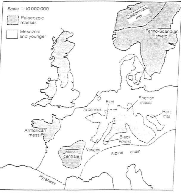 Figure l. Map of north-west Europe, showing areas of older rocks (shaded), often favourable for aggregate producrion (Prentice 1990).