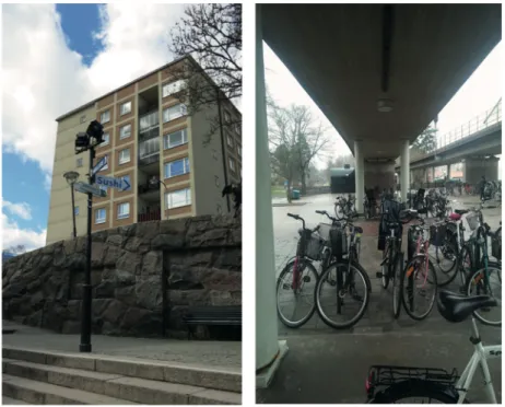 Figur	8:	Varierande	utbud	av	skyltar	vid	 Kärrtorpsplan.	Foto	av	Sophie	Linderoth		 Figur	9:	Rörig	cykelparkering	under	 tunnelbanespåren	vid	tunnelbaneentrén.	Foto	 av	Sophie	Linderoth	 	