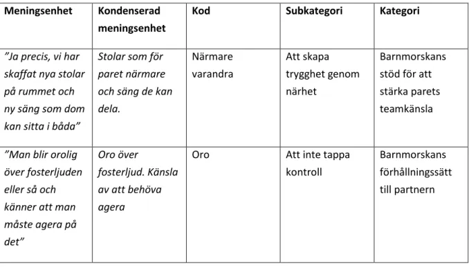 Tabell 1. Exempel på analysprocessen.  