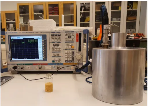 Figure 7: The lab scene, with the network analyser, the container and the vial with sample.