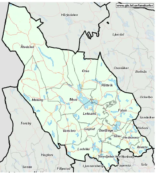 Figur 1 Länsöversikt Dalarna (källa: Länsstyrelserna/Sveriges länskartor 2013). 