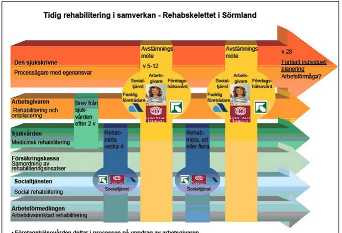 Figur 3: Rehabskelettet i Sörmland, ett samarbete mellan Landstinget, Försäkringskassan, kommunerna och  Arbetsförmedlingen i Sörmland