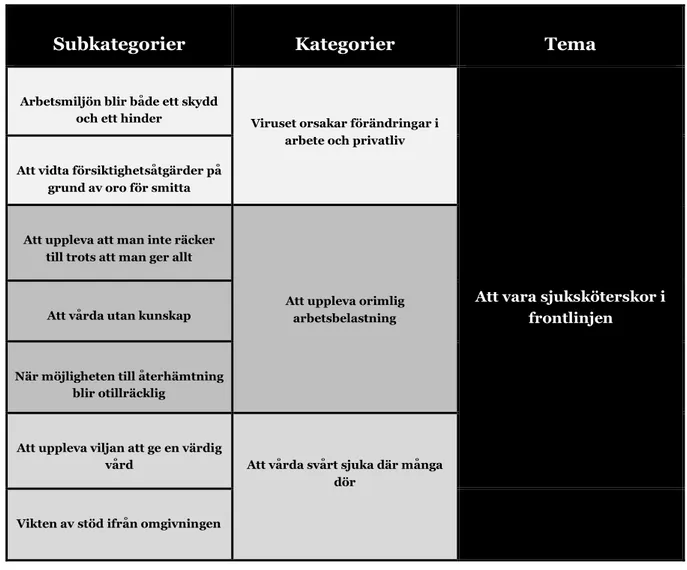 Tabell 3. Resultatöversikt över subkategorier, kategorier och tema. 