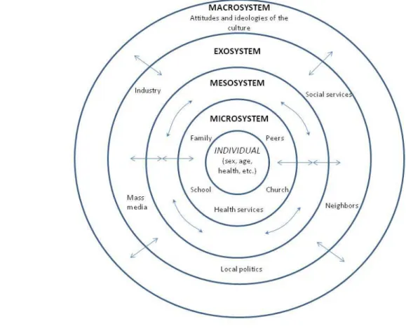 Figur 2: Brofenbrenners modell om de hierarkiska nivåerna. (källa: Brofenbrenner, 1979) Öquist (2010) menar att i alla system (samhällen, organisationer och grupper) finns en  hierarkisk uppbyggnad i nivåer och systemteorin hjälper till att lyfta fram inte