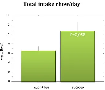 Figure 11. The difference in the intake of chow is not significant but shows a definite decrease  for the group treated with Leucine