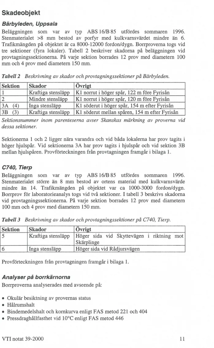 Tabell 2  Beskrivning av skador och provtagningssektioner på Bärbyleden.