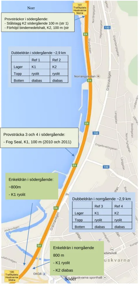 Figur 1. Provsträckornas placering på E4 Huskvarna. 