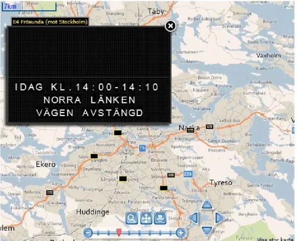 Figur 2. Exempel från websidan http://www.trafiken.nu där aktuell VMS-information i  Stockholmsområdet presenteras