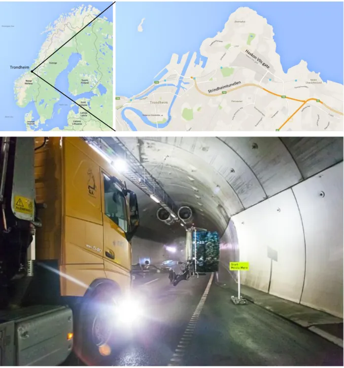 Figur 1. Mätgatornas placering i Trondheim och en av städmaskinerna under städning i tunnelmiljön  (Källa: Google Maps, Foto: Mats Gustafsson, VTI)