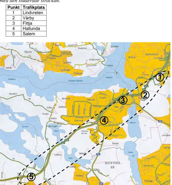 Tabell 1  Trafikplatser längs  med den studerade sträckan. 