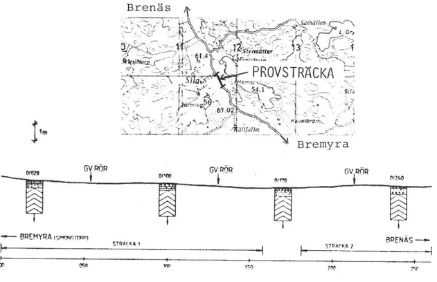 Figur 12 Väg 1180 Bremyra-Brenäs sträcka A. Läge, längdprofil och uppbyggnad.