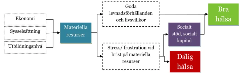 Figur 2 Visar den psykosociala förklaringsmodellen för ojämlik fördelad hälsa, ritad av Catarina Meriläinen